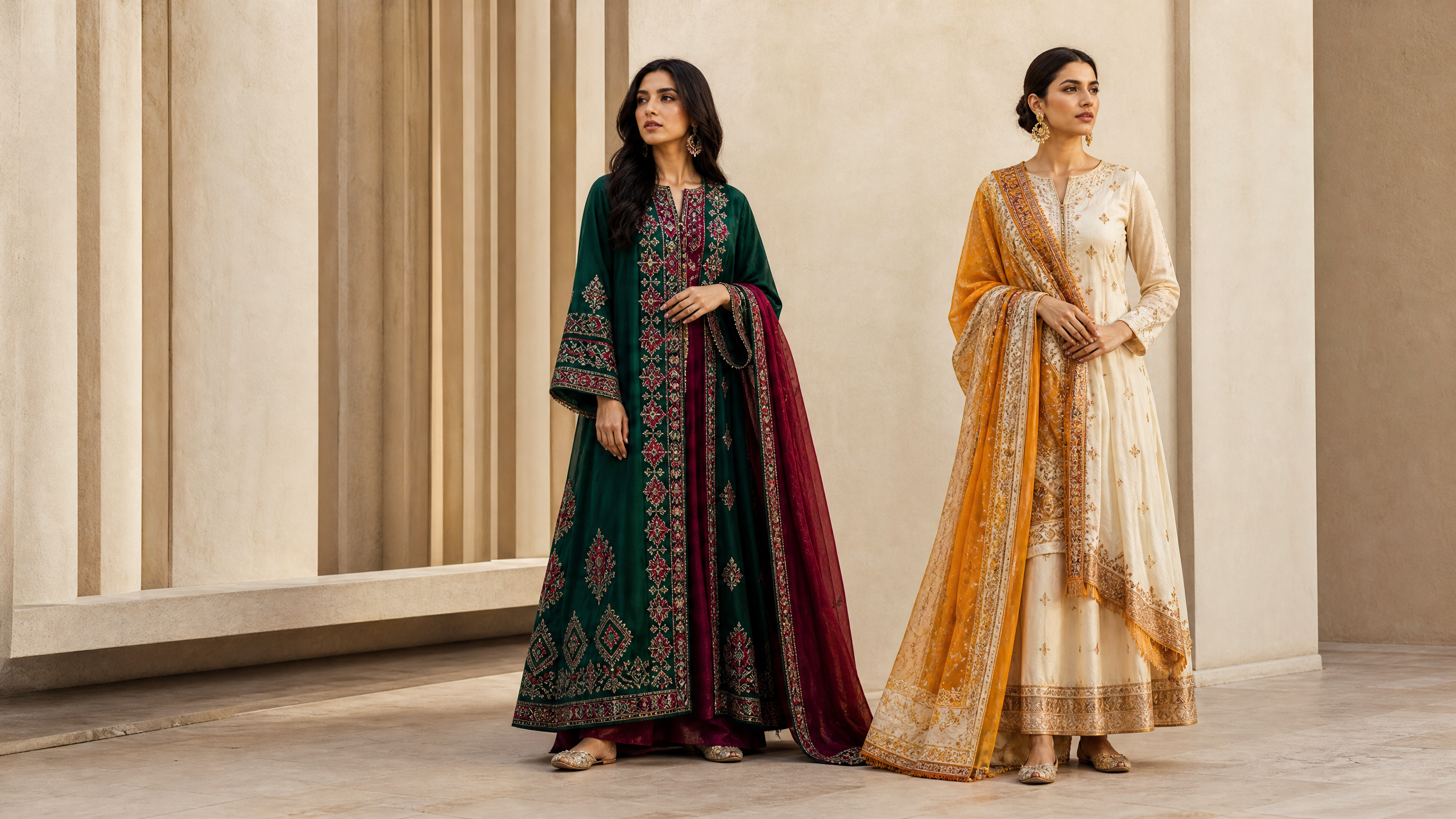 An editorial pairing of Afghan and Indian cultural dress