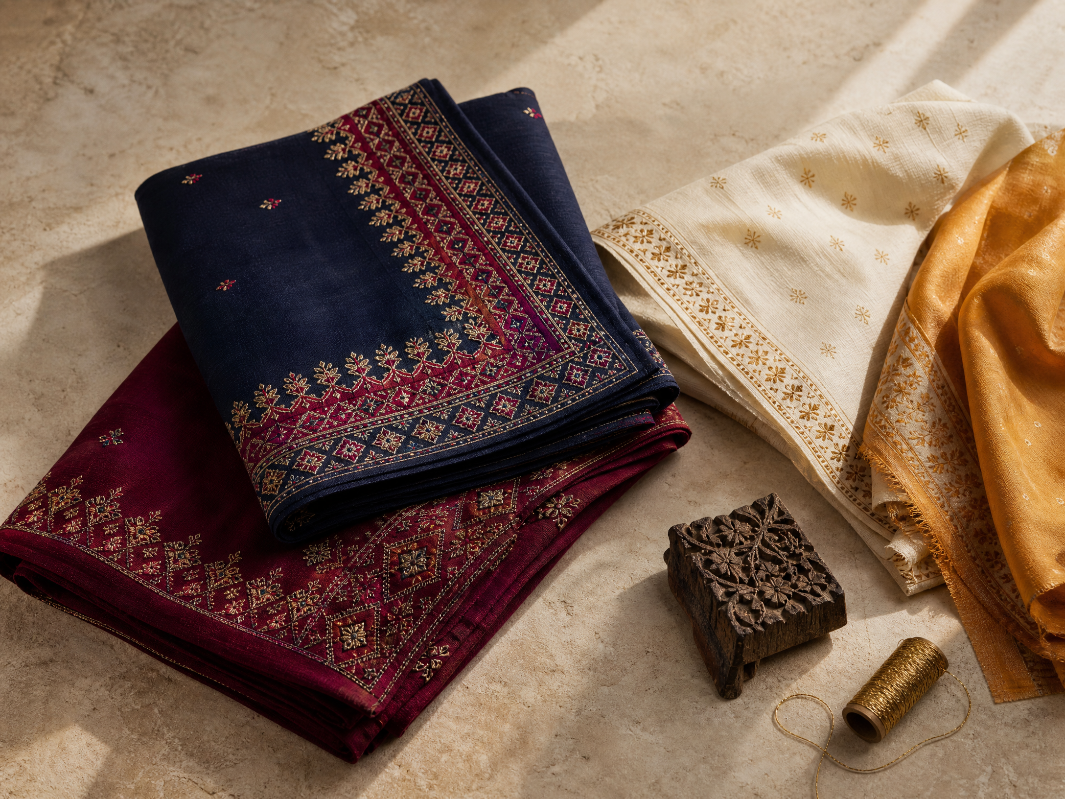 A still life celebrating embroidered, printed, and handwoven textiles